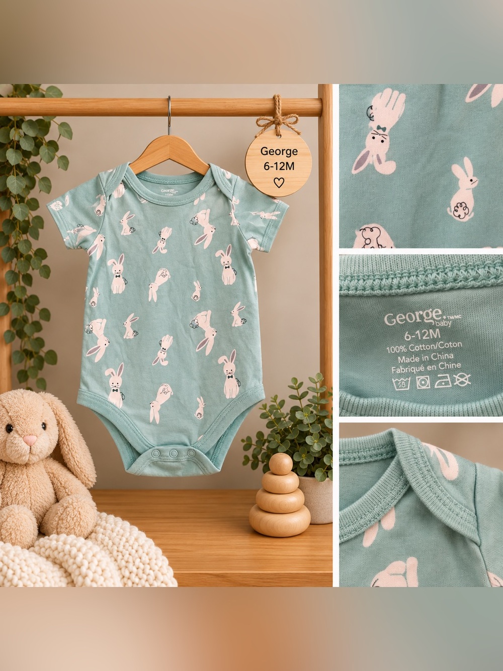 George Baby 6–12M Mint Bunny Print Short Sleeve Bodysuit